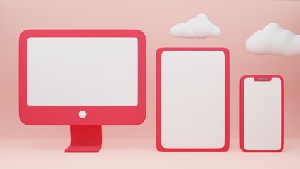 3D Rendering Illustration Multiplatform Device Computer Mobile Tablet Responsive Software Application Cartoon Display Marketing Branding Equipment Strategy Online Business Technology Teamwork Pink