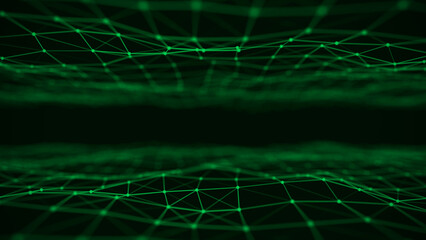 Digital technology double wave. Dark cyberspace with motion dots and lines. Futuristic digital background. Big data analytics. 3d rendering.