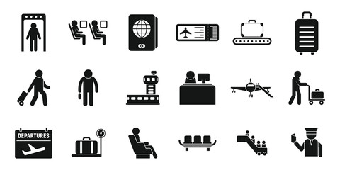 Airline passengers icons set simple vector. People case - obrazy, fototapety, plakaty