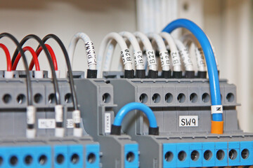 Electrical terminals for connecting wires in an electrical panel close-up.