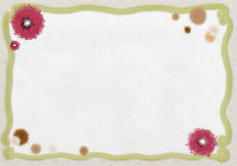 砂と油彩のテクスチャにモール・毛糸のハンドメイド感の葉と花模様のフレーム背景イラストナチュラル系