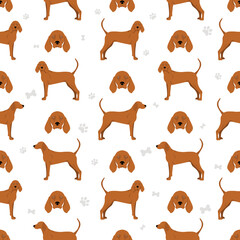 Redbone coonhound seamless pattern. Different poses, coat colors set