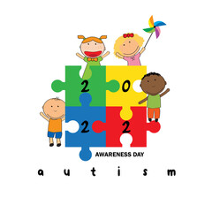 Autism awareness day. Illustration of happy children receiving support, acceptance and love