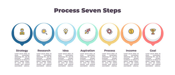 Business process. Timeline infographics with 7 steps, options, sections. Vector template.