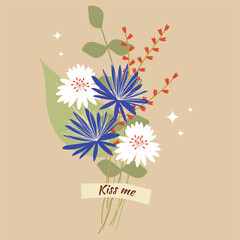 A bouquet of tied wildflowers with a patch - KISS ME.