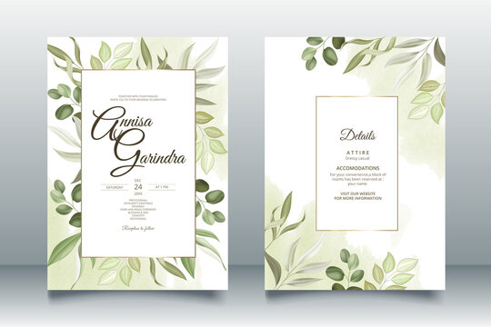 Beautiful leaves frame wedding invitation card template Premium Vector