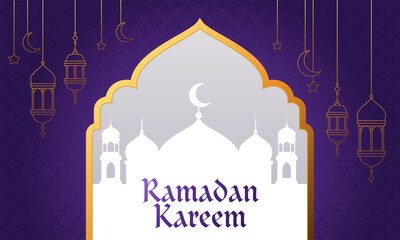 Vector illustration of Ramadan Kareem with mosque silhouette and Arabic ornament. Suitable for design element of greeting card, banner and poster template.