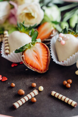 red strawberries dipped in chocolate top view