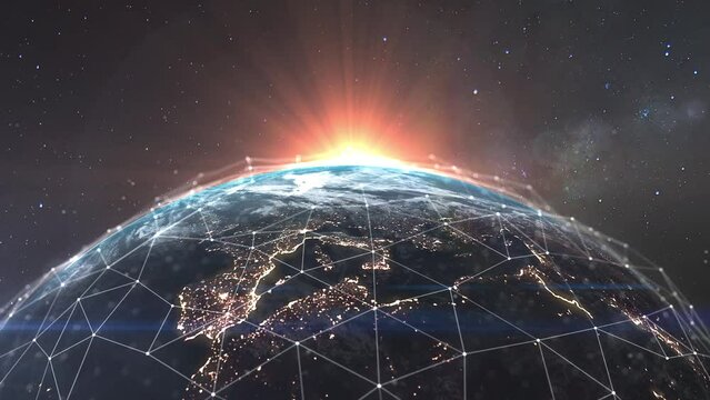 Digital Global Network covers the entire planet Earth. 3-D Visualization of the World Wide Web connecting all regions of the globe. Plexus and interaction of moving points connected by lines. High