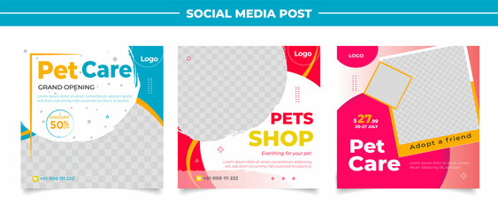 Pet shop social media post template design with photo collage.	