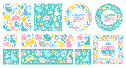 Set of seamless patterns, frames and borders for Easter celebration. Cute design elements with bunny, coloured eggs and flowers for festive greetings, banners, flyers etc. Vector illustration.
