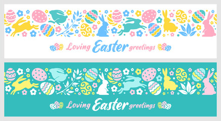 Set of long banners with seamless pattern for Easter celebration. Cute design elements with congratulation text, bunny, coloured eggs and flowers. Vector illustration.