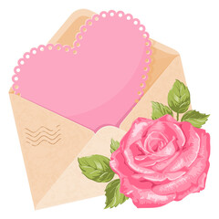 Congratulation on Valentine's Day, valentine or romantic love letter. Card in heart shape with space for text, in open envelope and decorated with beautiful flower rose. Vector illustration. - obrazy, fototapety, plakaty
