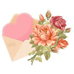 Congratulation on Valentine's Day, valentine or romantic love letter. Card in heart shape with space for text, in open envelope and decorated with bouquet of rose flowers. Vector illustration.