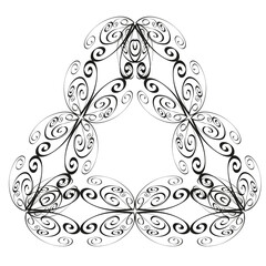 An abstract triangular figure of many ornate black elements.3d.
