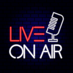 Live on air neon sign on the brick wall. Vector Illustration