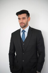 Elegant young Caucasian handsome man on White background, Studio fashion portrait.