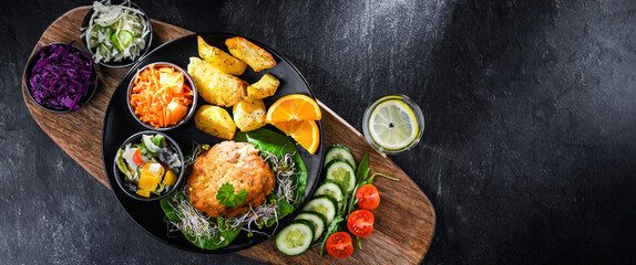 Pulled chicken cutlet coated with breadcrumbs