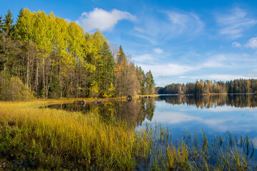 Autumn view of Liesjarvi National Park and Lake, Tammela, Finland