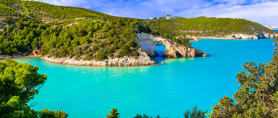 Italiaanse vakantie in Puglia - Nationaal park Gargano met prachtige turquoise zee en natuurlijke boog in de buurt van de stad Vieste. Itay reizen en natuur landschap