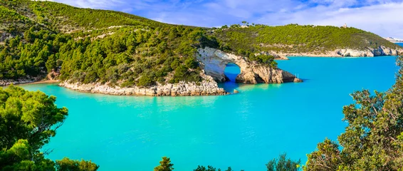 Afwasbaar Fotobehang Turquoise Italiaanse vakantie in Puglia - Nationaal park Gargano met prachtige turquoise zee en natuurlijke boog in de buurt van de stad Vieste. Itay reizen en natuur landschap