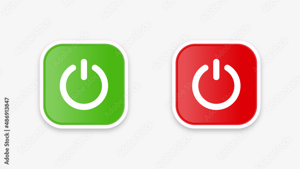 Poster Power icon button with turn on and off buttons in modern frame and shut down switch power icons in round square buttons in red and green colors