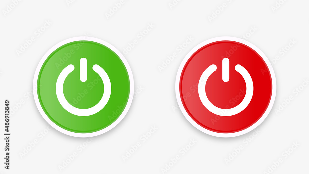 Fototapete Power icon button with turn on and off buttons in modern frame and shut down switch power icons in round circle buttons in red and green colors