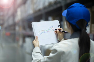 Female warehouse worker checking inventory in logistics warehouse