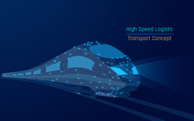 modern high-speed train, passenger travel concept, cargo delivery, moving between countries on the tycoon's railroad. modern and future logistics technologies .wireframe, plexus,vector, dark-blue bg
 - obrazy, fototapety, plakaty