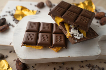 Raw Vegan Handmade Chocolate with dried mango fruits and coconuts slices close up. Chocolate bar with mango on a light background