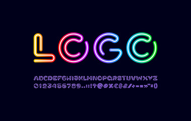 Alphabet of bright color, techno neon font, letters and numbers