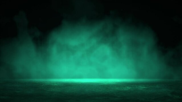 Mystical video with smoke flying over the asphalt is illuminated with multicolored neon light. Dark city street. Night scene with neon light. Seamless background, animation loop stock video.