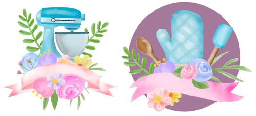 Blue Bake Pastry tool with ribbon banner bouquet watercolor vector
