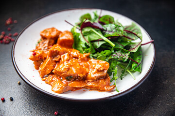 stewed meat tomato sauce pork beef chicken fresh dietary healthy meal food diet snack on the table copy space food background 