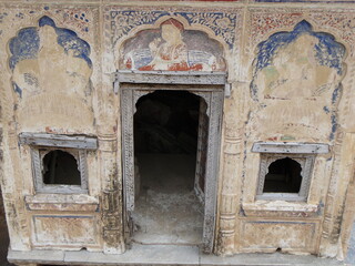 Mandawa, Rajasthan, India, August 11, 2011: Old doors and windows in an ancient palace or haveli in Mandawa, Rajasthan, India