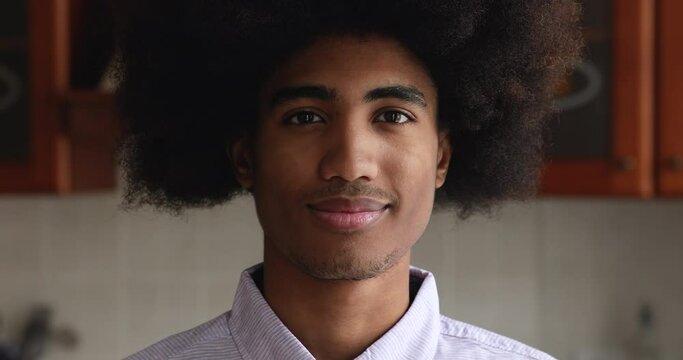 Cropped close up face bristled handsome teenage African guy standing in domestic kitchen having wide candid smile, natural curly afro hairs looking at camera feels happy. Youth, gen Z portrait concept
