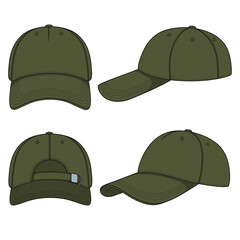 Set of color illustrations with khaki baseball cap. Isolated vector objects on white background.