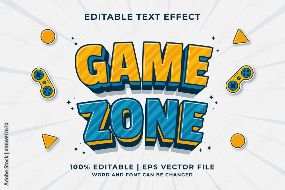 Poster editable text effect - game zone 3d cartoon template style premium vector