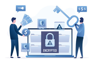 Ransomware, concept. Encrypted data on laptop. Hacker anonymous holds key and demands money. User give money. Padlock on files after hacker attack. Network piracy danger.