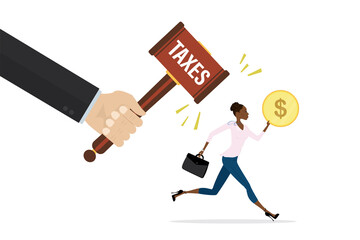 Businesswoman resists introduction of new taxes, fines. Hand beats with hammer - taxes. Entrepreneur runs and does not want to give away profit. Excessive financial burden,