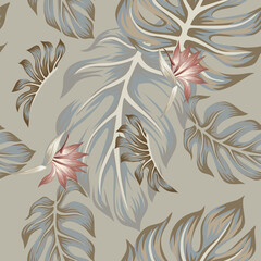 Tropical floral foliage palm leaves, exotic flower seamless pattern grey background. Jungle wallpaper.