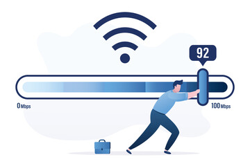 Male user speeds up wireless internet. Engineer moves slider on measuring scale. Wi-fi signal quality improvements, speed optimization. Tariff plan with fast internet.