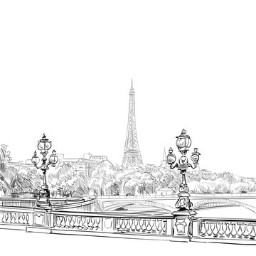 View from the bridge Alexander III to the Eiffel Tower. Paris, France. Urban sketch. Hand drawn vector illustration