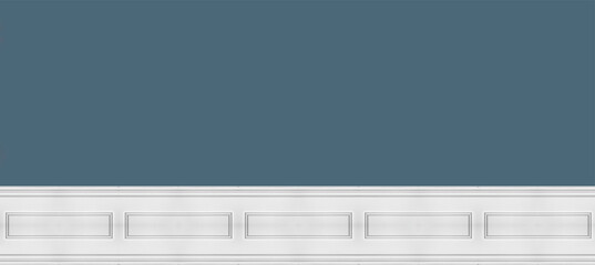 Retro interior architecture design. White wooden panel on blue wall background, copy space