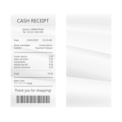 Shop reciept, retail ticket isolated object, financial atm bill, cash dispenser financial invoice. Buying financial invoice bill purchasing calculate pay vector isolated. Realistic receipt collection