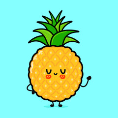 Cute funny pineapple character. Vector hand drawn cartoon kawaii character illustration icon. Isolated on blue background. Happy pineapple character concept