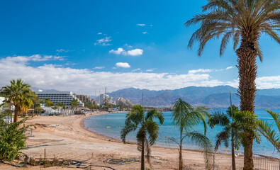 Central beach in Eilat - famous tourist resort and recreational city located on the Red Sea, Israel