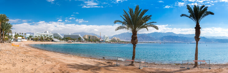 Central beach in Eilat - famous tourist resort and recreational city located on the Red Sea, Israel