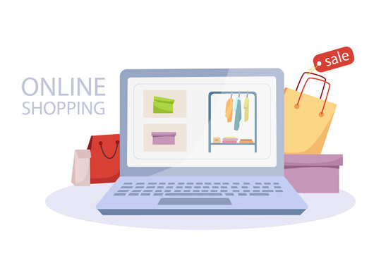 Online order via laptop. Shopping app, online store. Vector cartoon