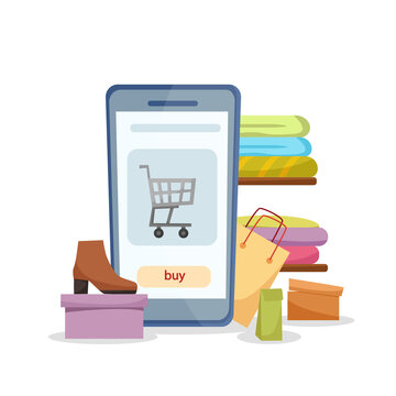 Online order by phone. Shopping app, e-shop. Vector illustration of phone, clothes on shelves, bags and shoes for poster, banner, flyer and presentation